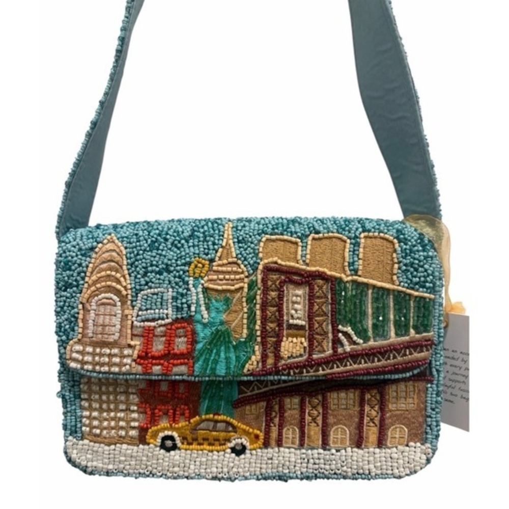 NYC new York beaded shoulder Bag Blue NEW Cityscape Statue of Liberty Taxi